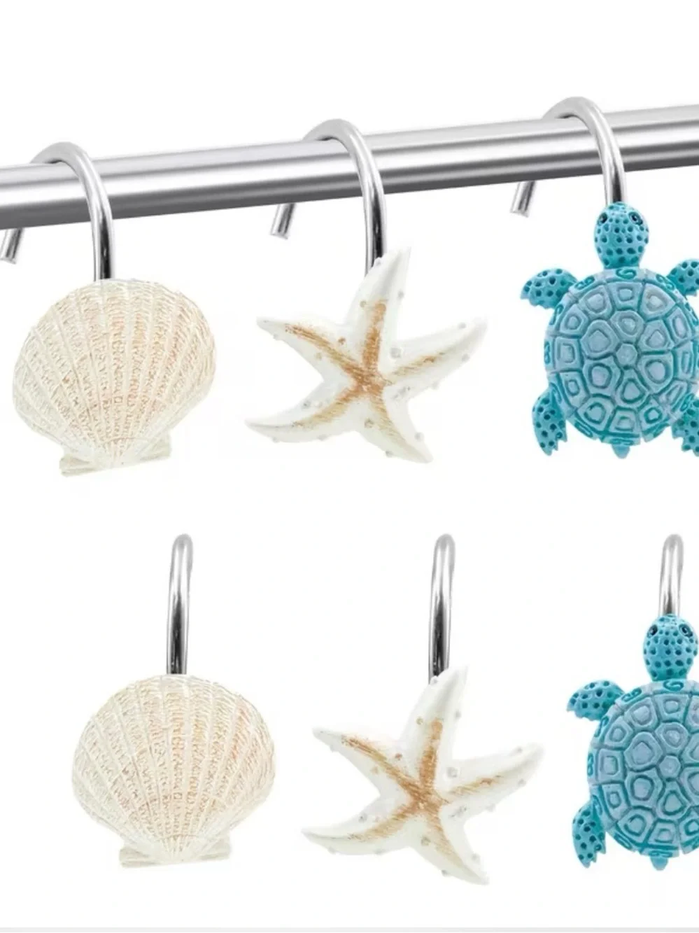 🆕 12 Piece Beach-Themed Shower Curtain Rings - Starfish, Turtle & Shell